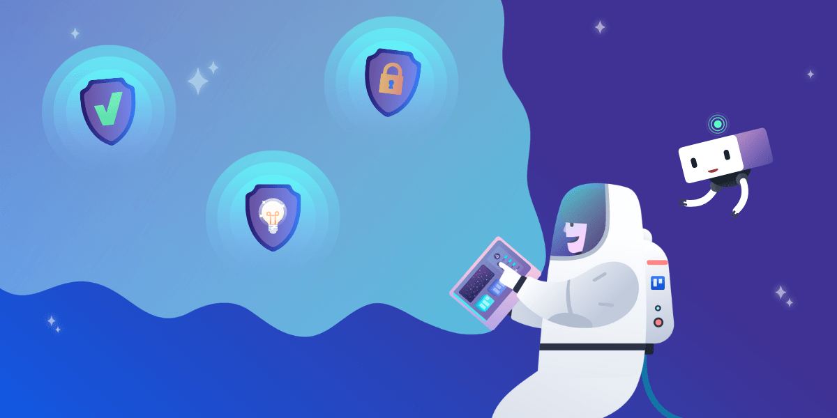 illustration of an astronaut using a laptop for remote security with images of locks and checkmarks in a cloud