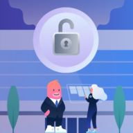 illustration of a person and a creature with a data security lock floating overhead