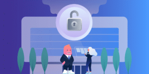 illustration of a person and a creature with a data security lock floating overhead