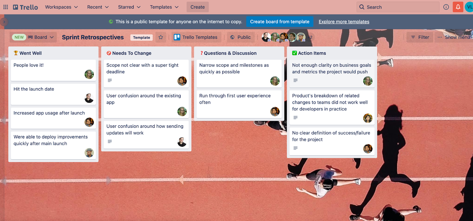 Photo of Trello’s Sprint Retrospectives template, which allows teams to reflect on areas for improvement, questions for discussion, and action items.