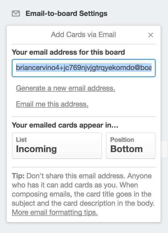 Trello Email to Board Settings