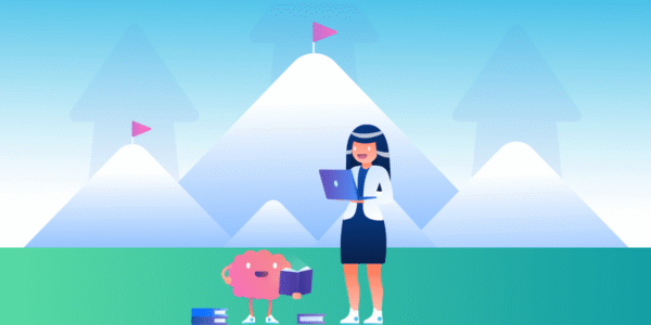 illustration of a person using a laptop to upskill