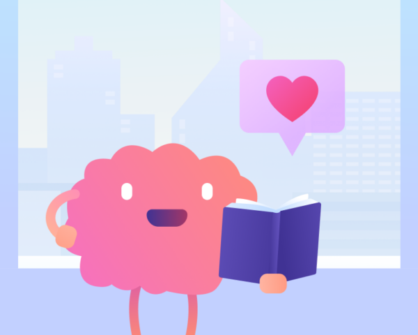 A cartoon character reading a book with a heart floating above