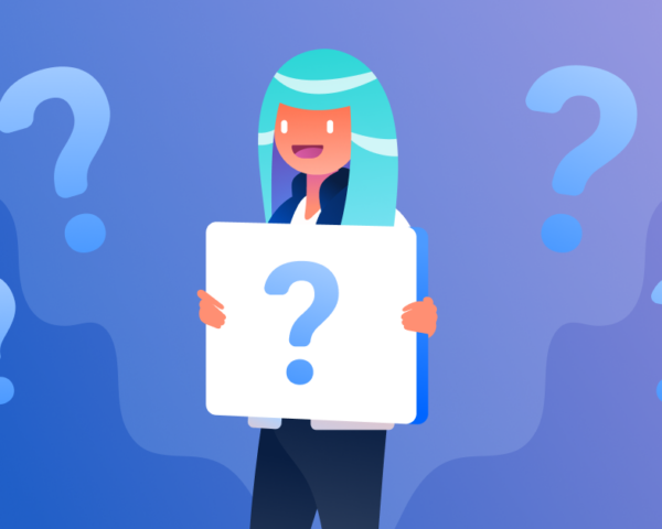 A person surrounded by 5 question marks