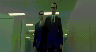 Scene from the Matrix walking through cubicles