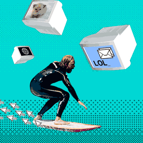 Moving Gif image of a man surfing the web on a surfboard