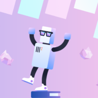 A robot raising arms in victory against the backdrop of a Trello board