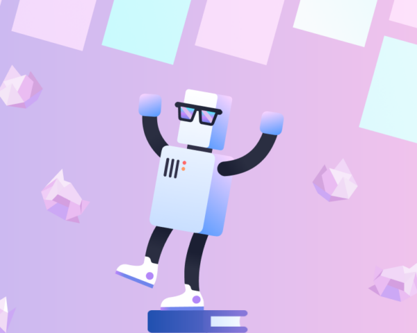 A robot raising arms in victory against the backdrop of a Trello board