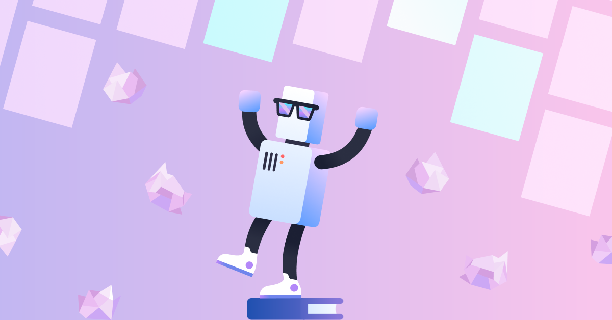 A robot raising arms in victory against the backdrop of a Trello board