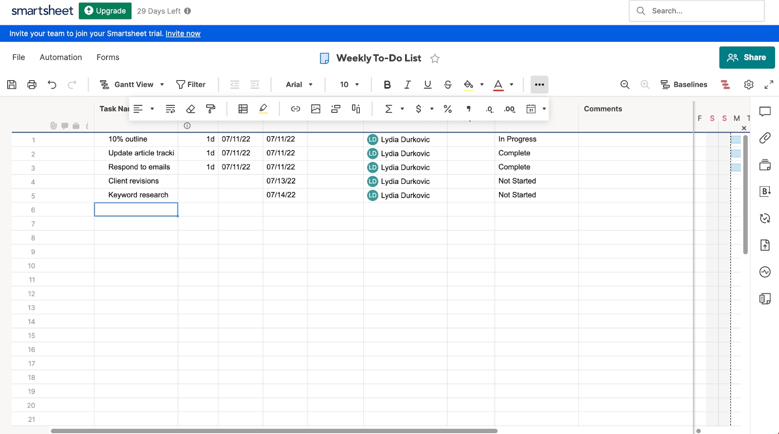  A screenshot of a Smartsheet spreadsheet, featuring a weekly to-do list 