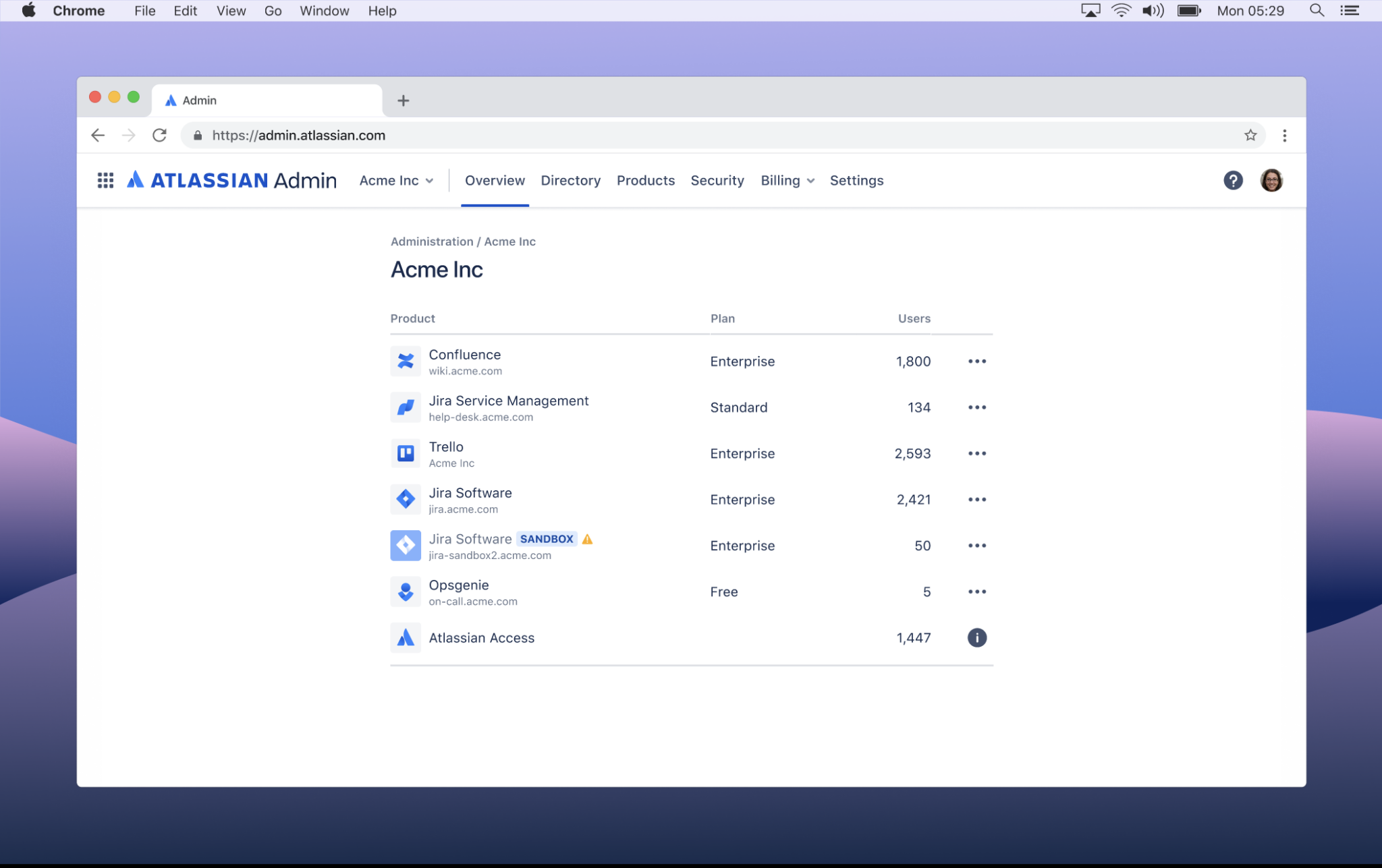 Image description: In the Overview page of the Atlassian Administration hub, admins can now see Trello listed along with their other Atlassian products managed at their company.