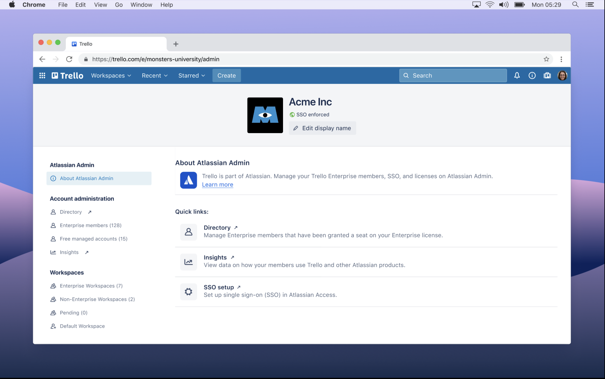 Trello admins can now navigate to the Atlassian Administration hub more quickly in their Trello Enterprise Admin Dashboard via the “About Atlassian Admin” page
