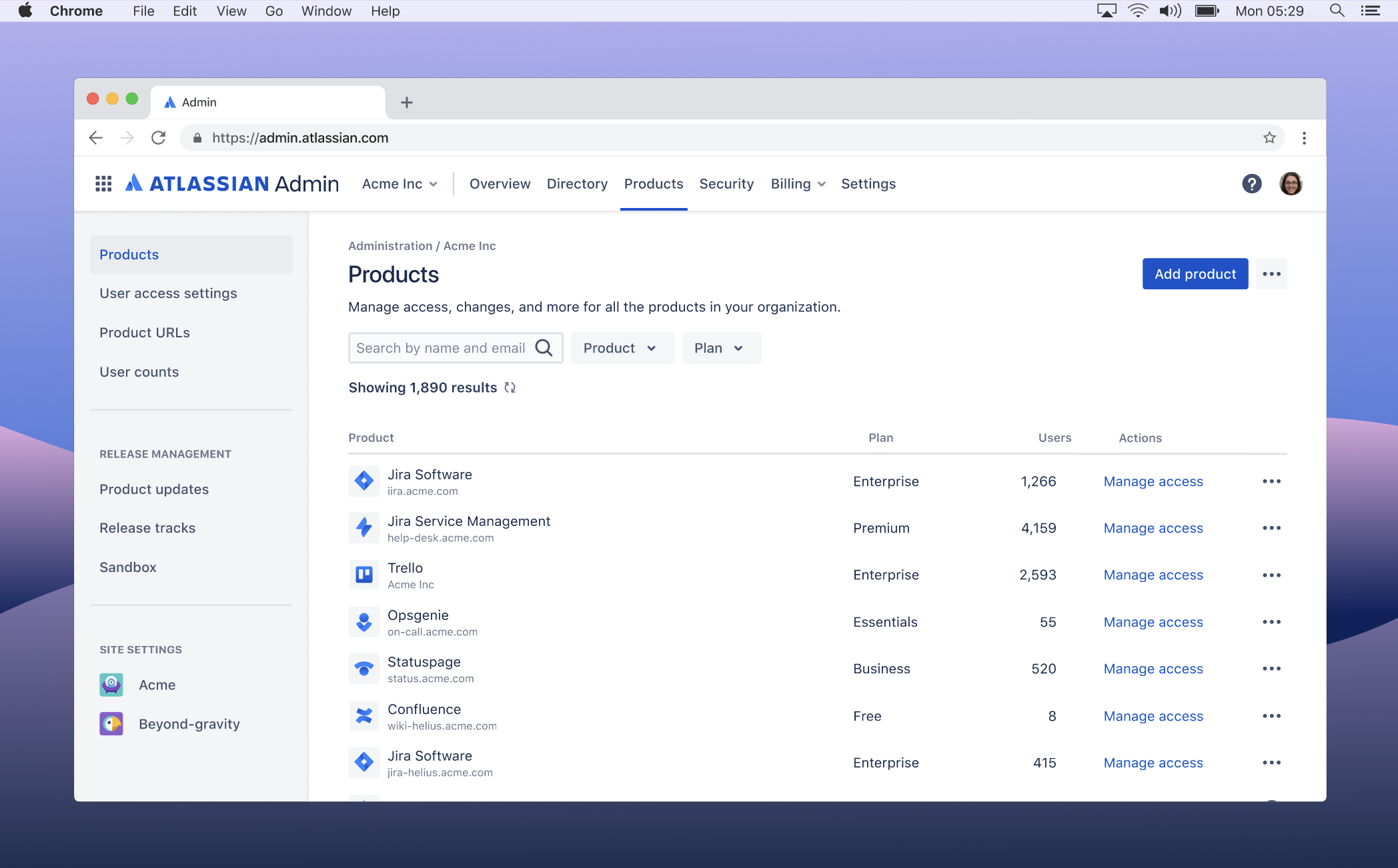 Admins can now select Trello amongst the list of other Atlassian products to manage user access at their company within the Atlassian Administration hub.
