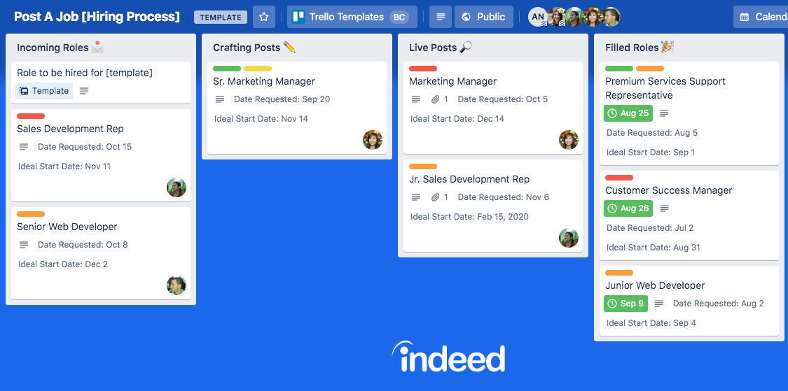 indeed template board for recruiting pipeline in trello 