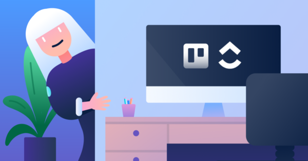 A person considering logos of Trello vs. Clickup