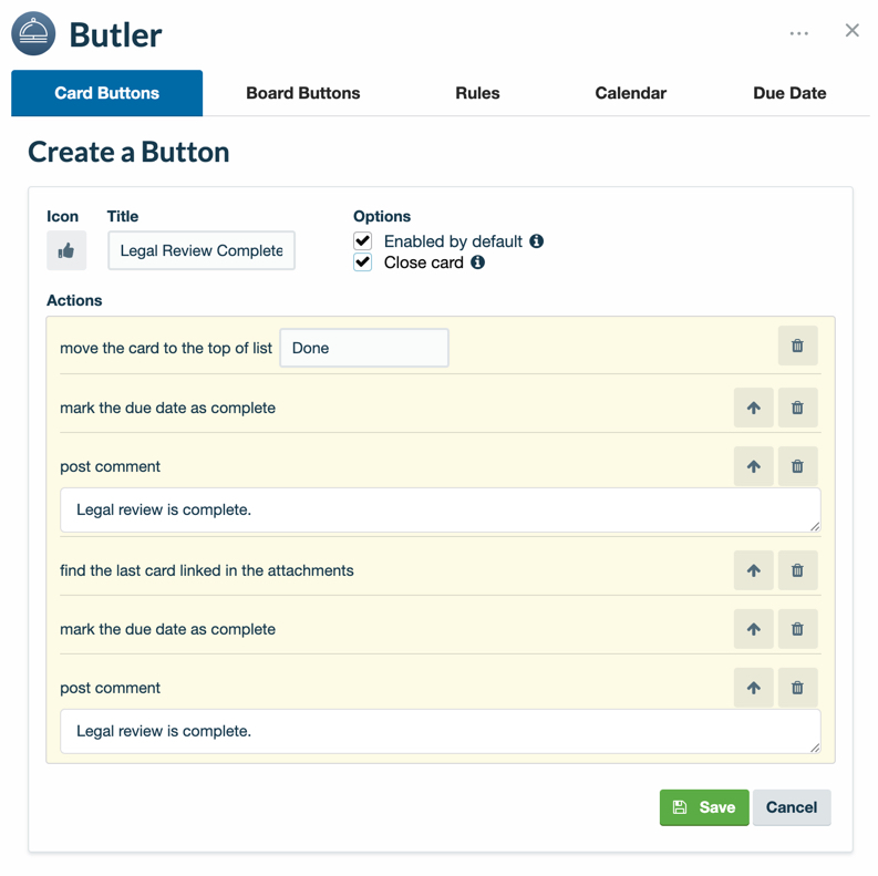 Create a Butler board button to automate actions on a card by card basis.