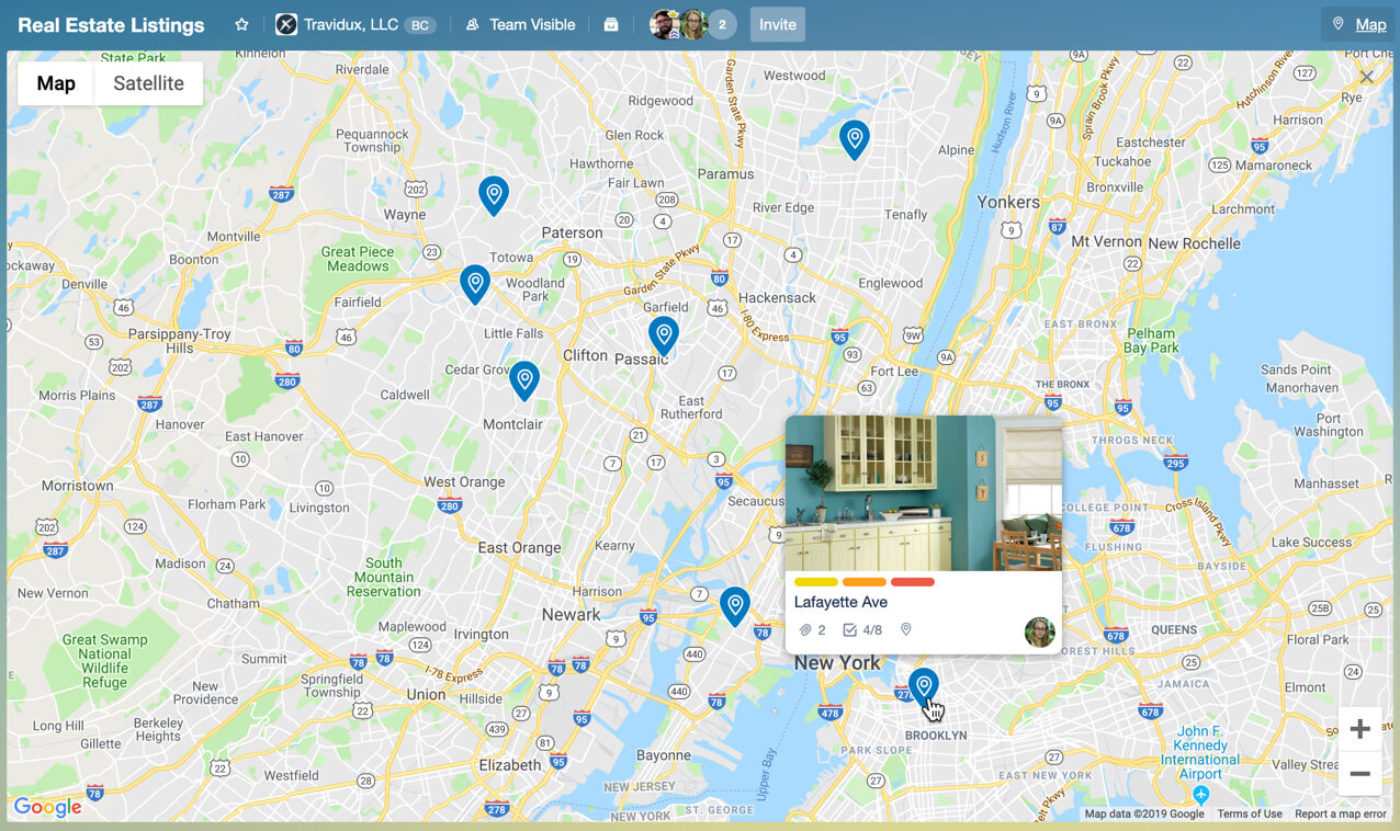 Map-Power-Up view shows Trello cards by location