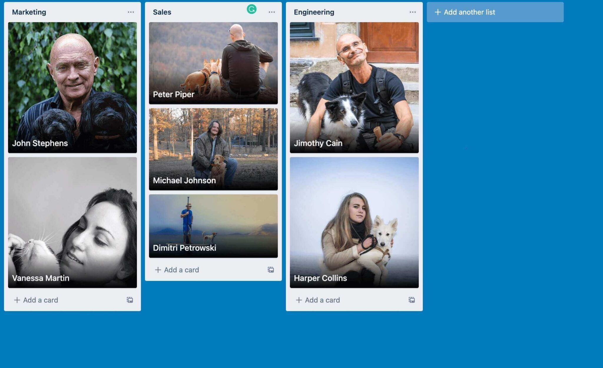 screenshot of a Trello user manual board that uses the Trello card covers Power-Up to show employees with their pets
