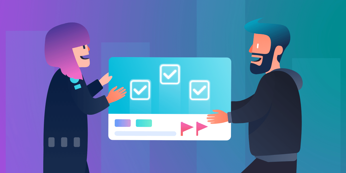 illustration of two people sharing a project risk Trello board with checkmarks