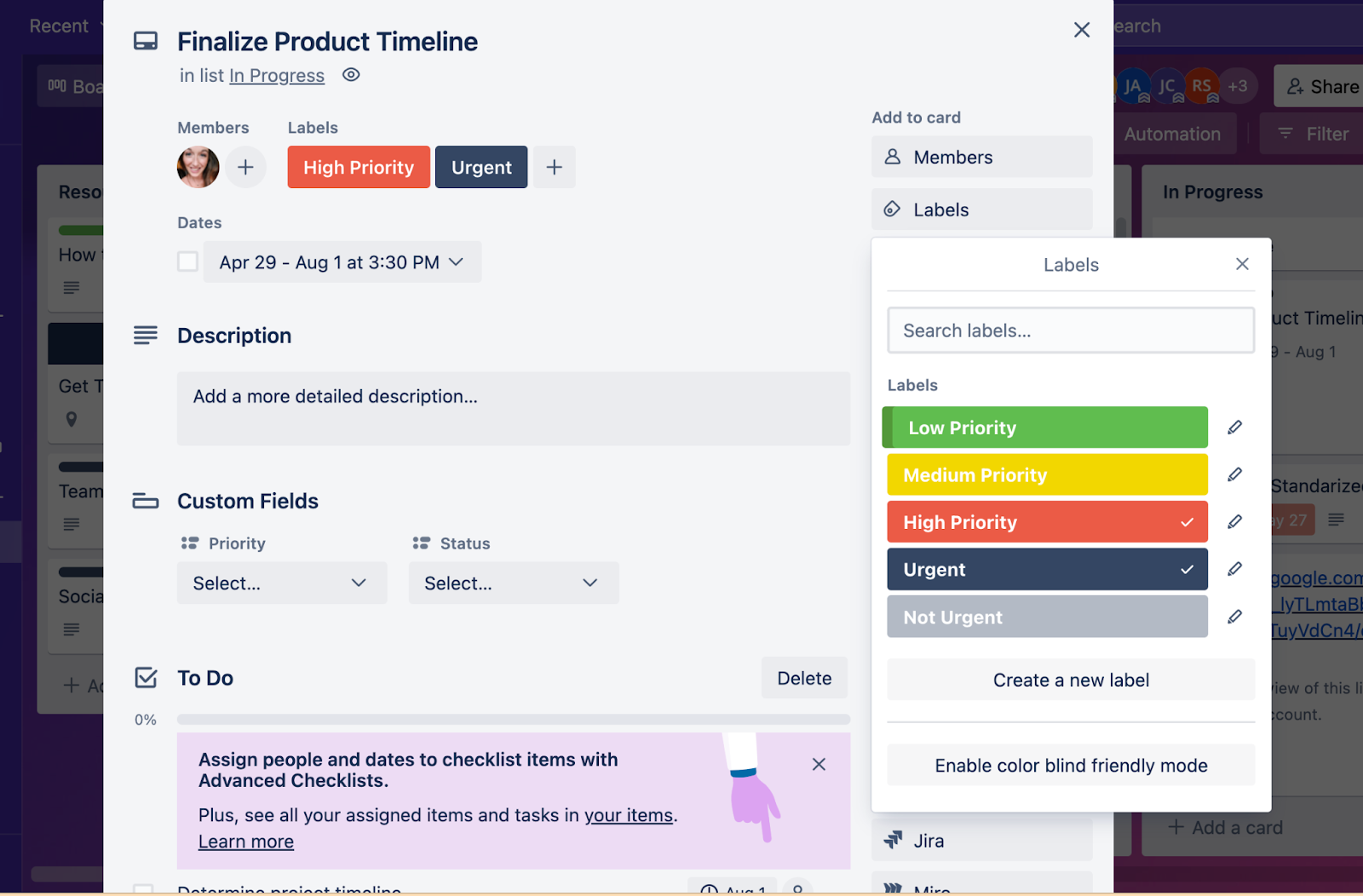 Picture of a Trello card being tagged with custom labels to indicate priority level