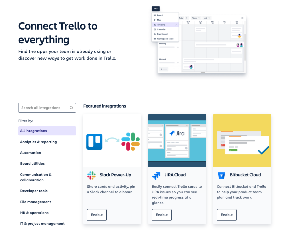 Screenshot of some of Trello’s integrations