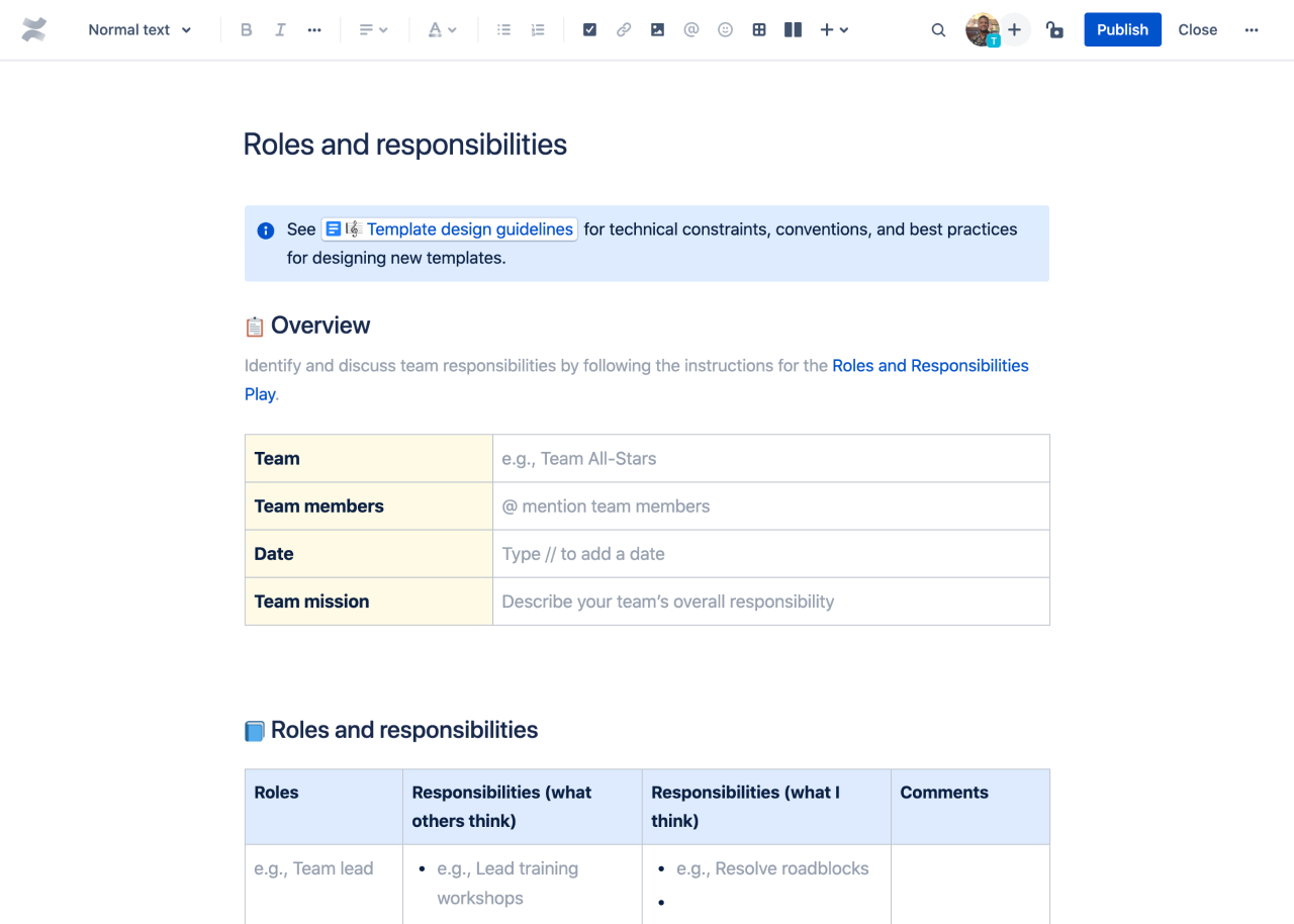 confluence template preview for roles and responsibility document