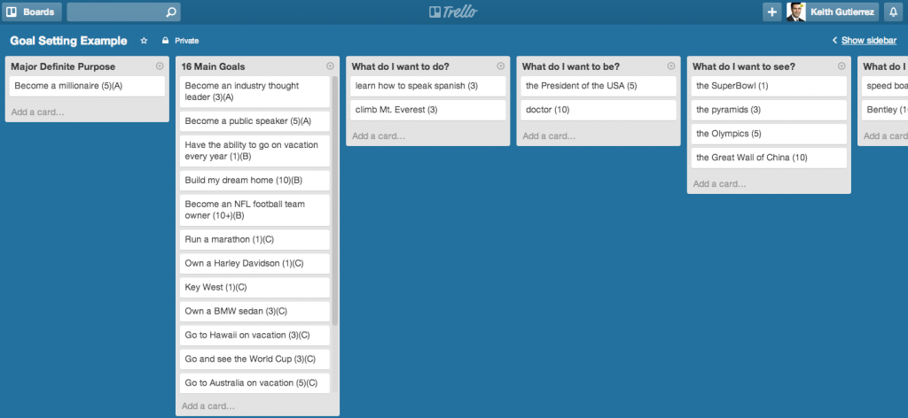 Goal setting Trello template board