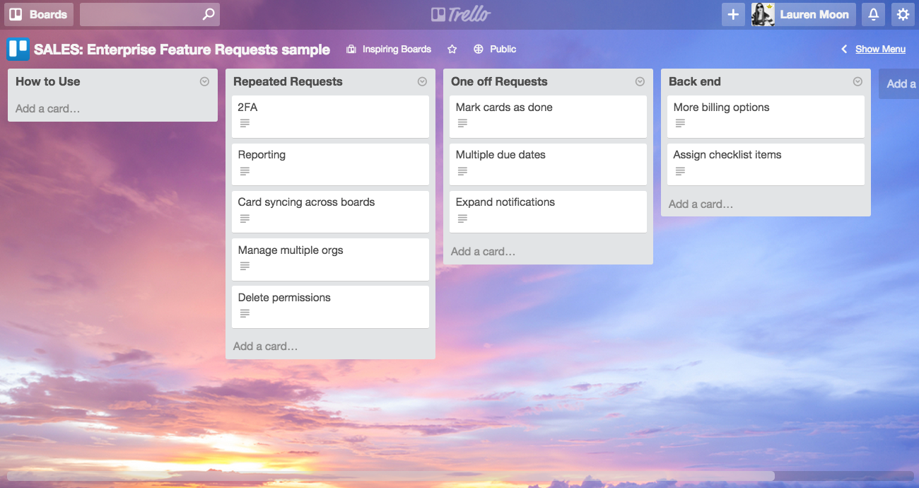 Customer Feature Requests Sample Template in Trello