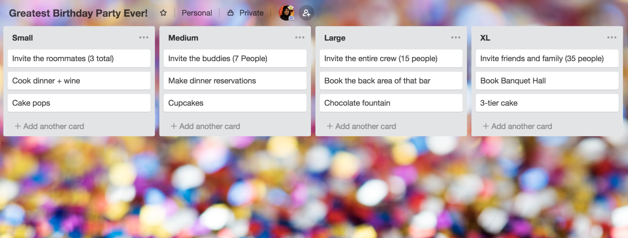 Image of a Trello Board organizing a birthday party
