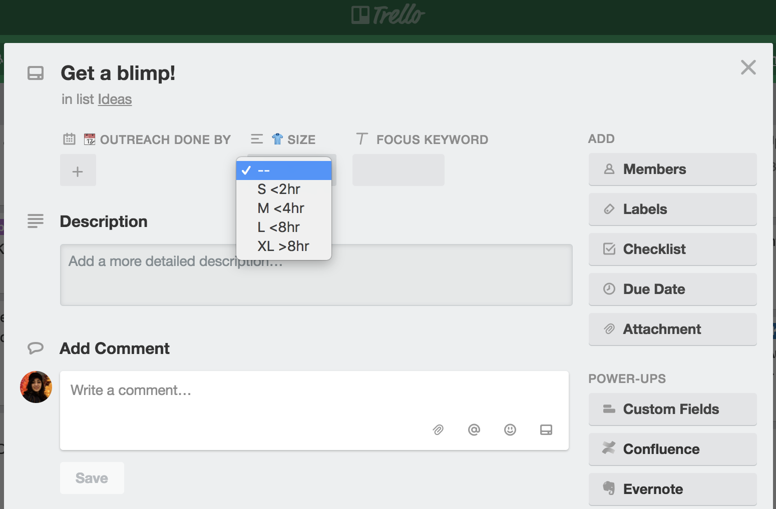Image of Custom Fields being used in Trello