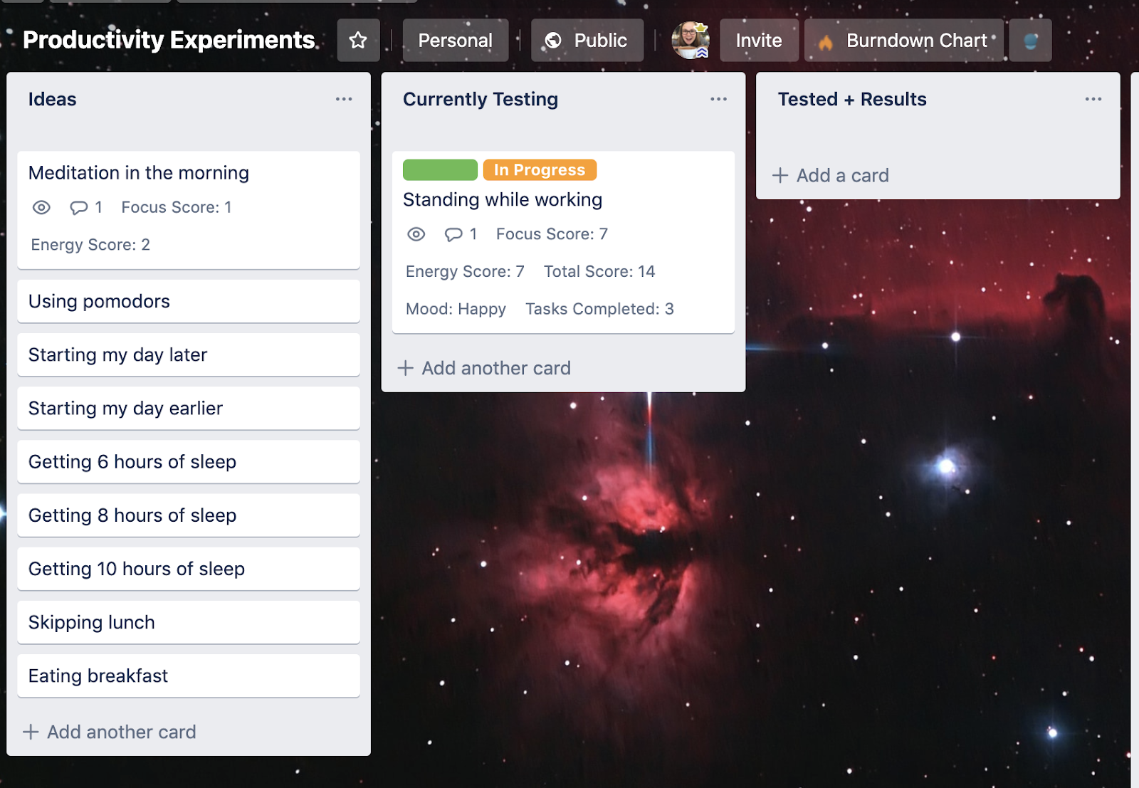picture of a trello board about experiments