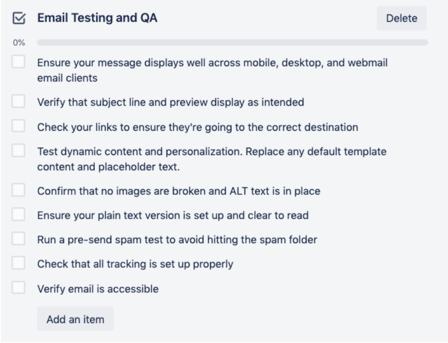 checklist on trello card for email testing