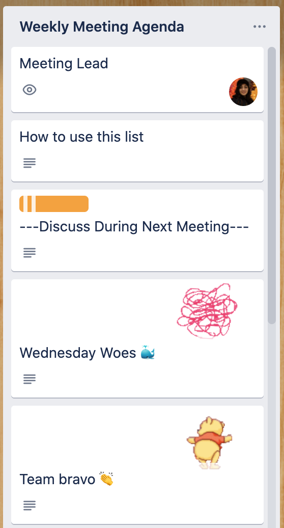 screen shot of a trello list of a meeting agenda