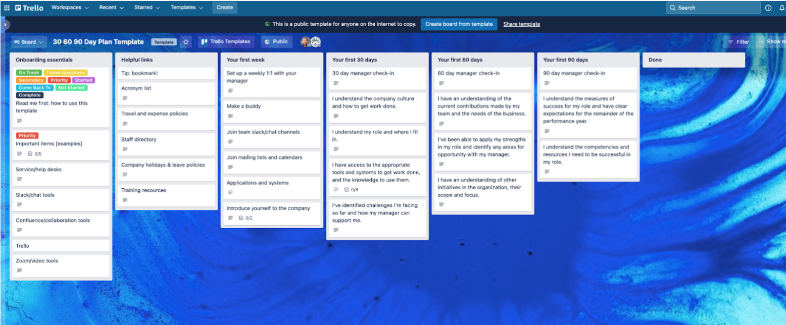 screenshot of the 30, 60, 90 Day Plan template for cybersecurity onboarding with a Trello board