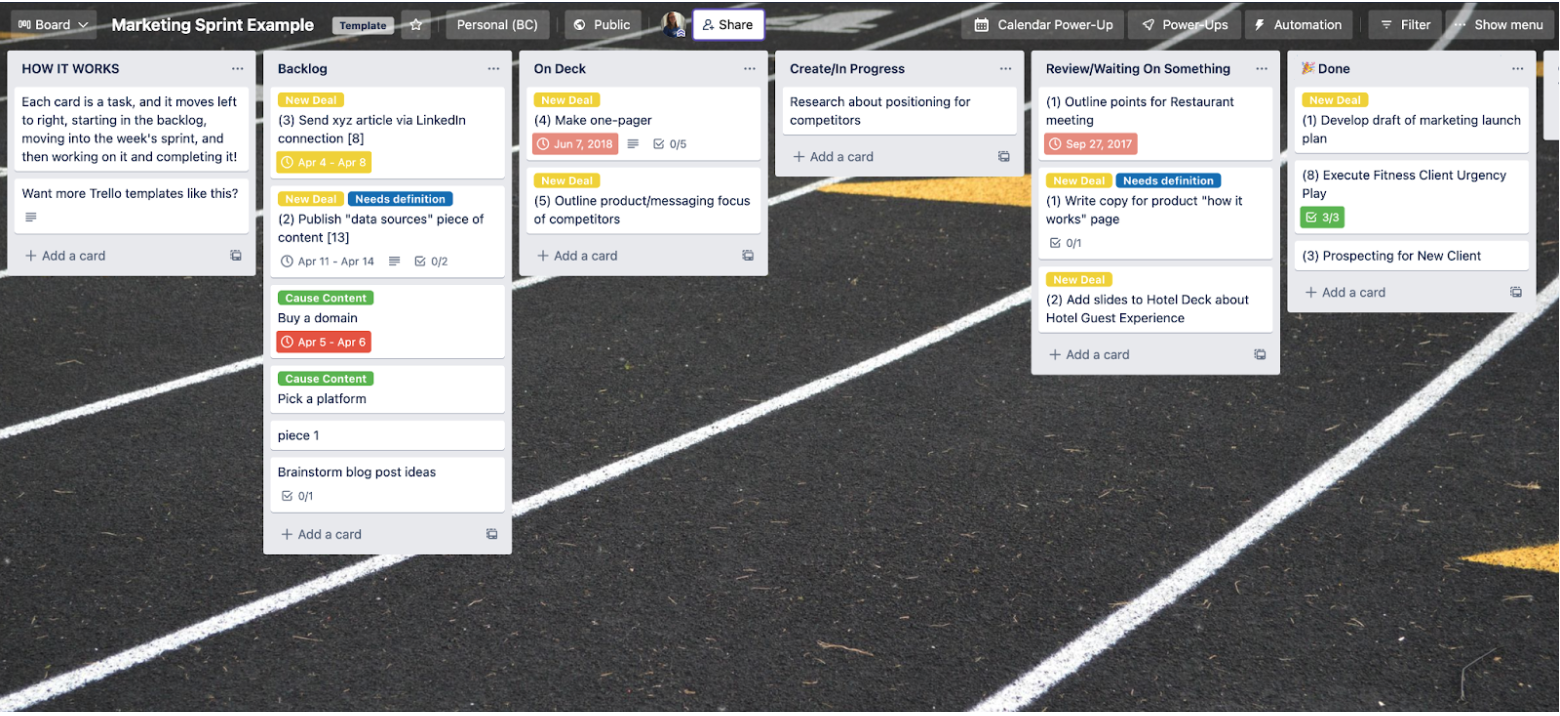 a screenshot of a Trello board with lists and cards