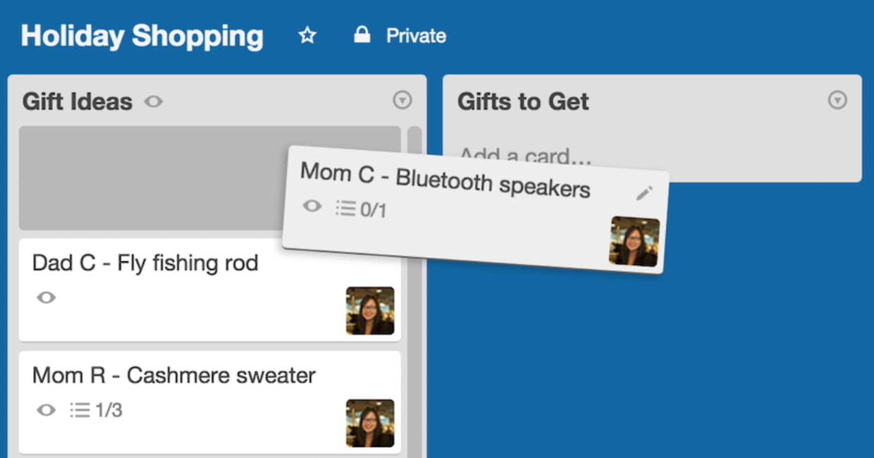 Screenshot of a Trello card being moved from one column to another