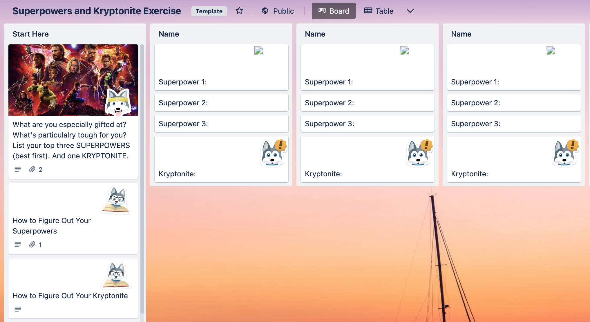 Superpowers and Kryptonite team meeting Trello template