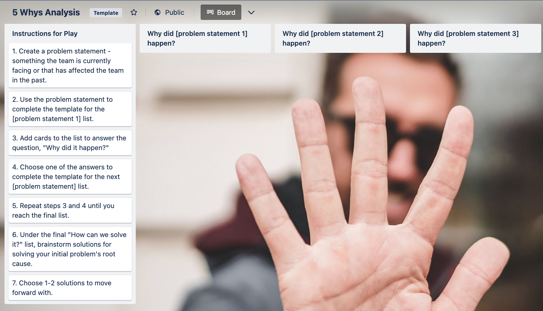 Screenshot of the 5 Whys root cause analysis Trello template