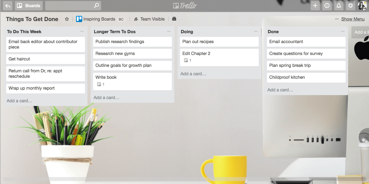 A basic Trello board: To Do, Doing, Done
