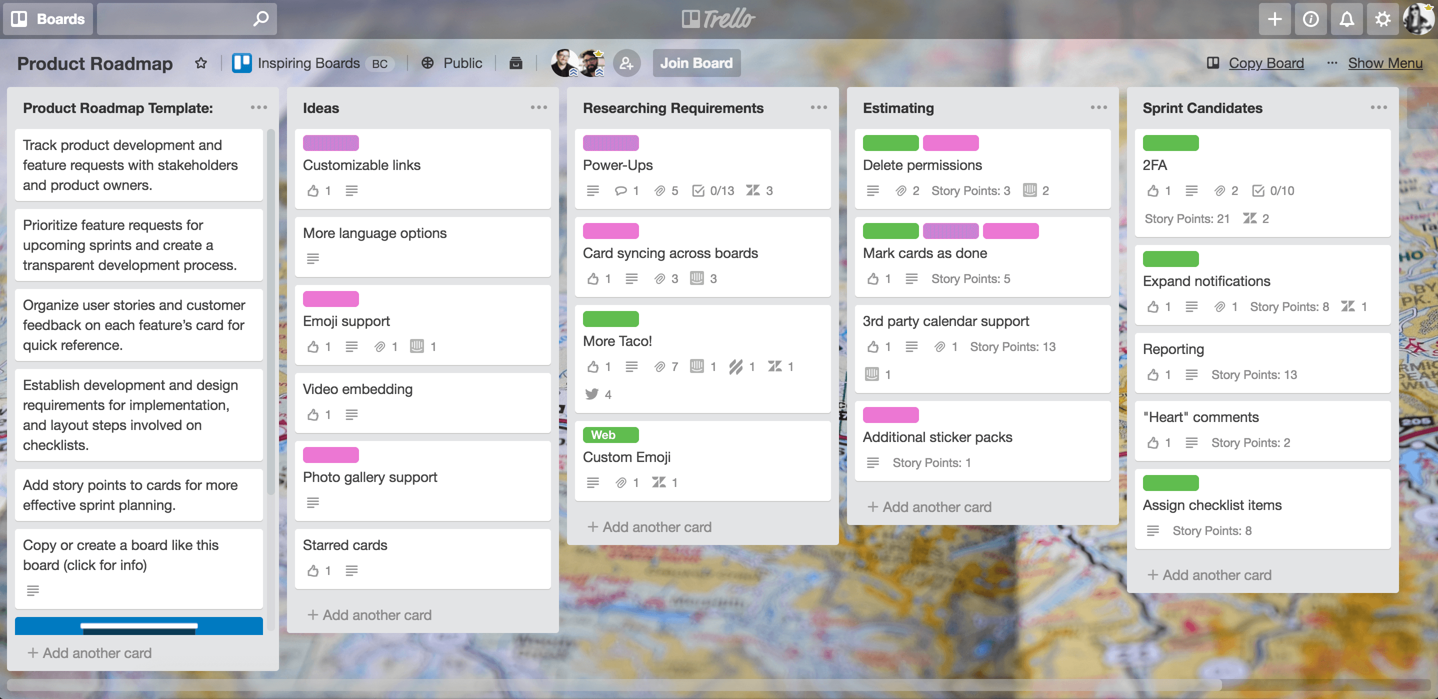 Sample Trello Board: product roadmap for engineers