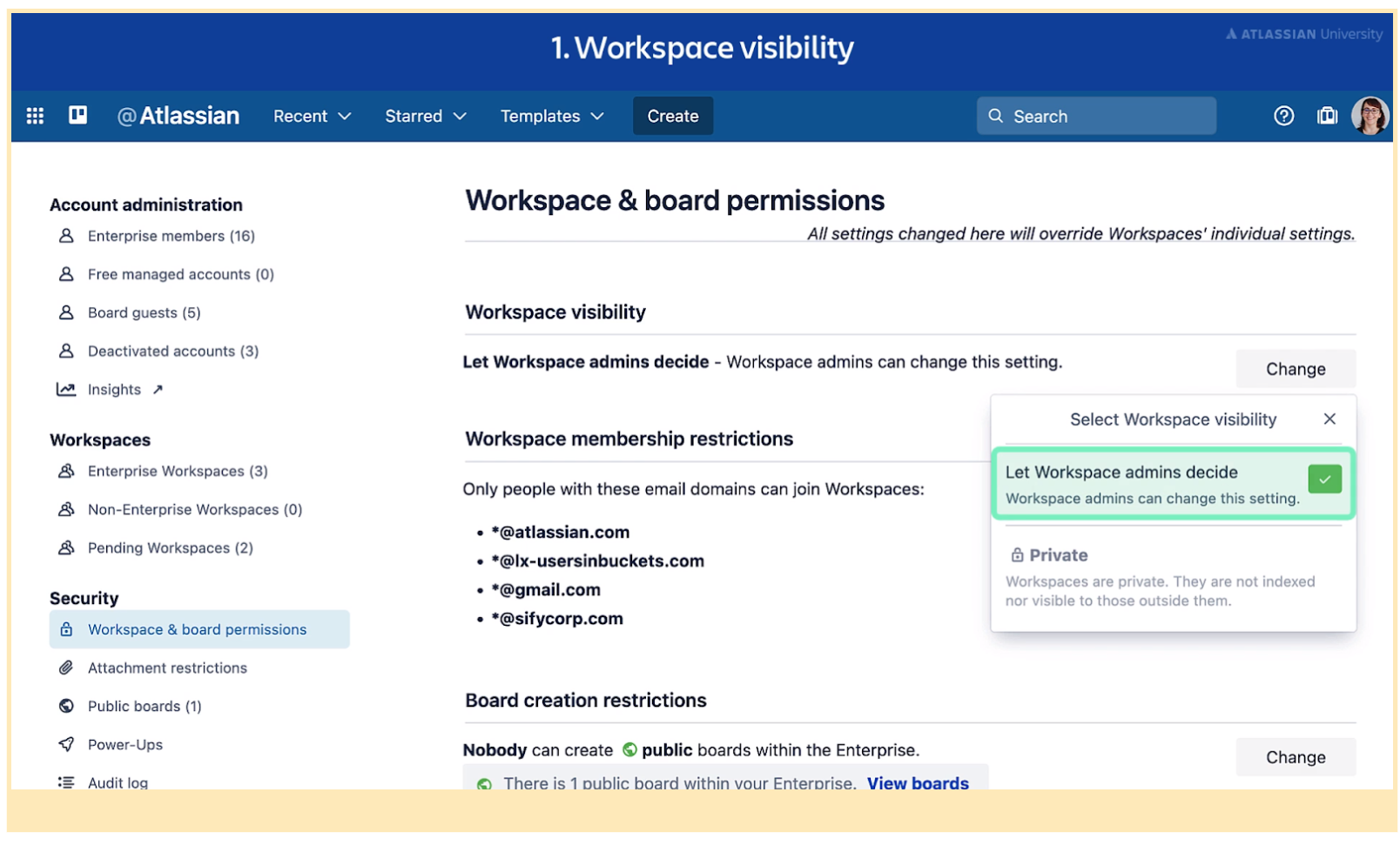 Screenshot of Trello Admin choices for Workspace visibility