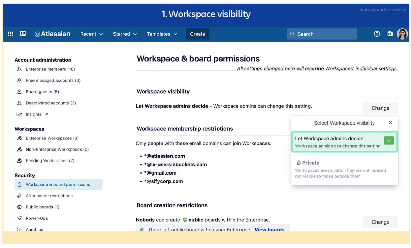 screenshot of trello admin choices for workspace visibility