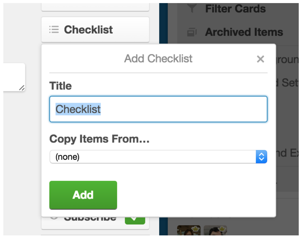 screenshot of how to add an advanced checklist to a Trello card