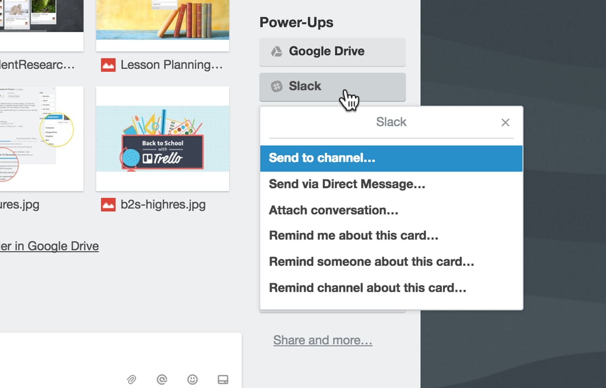 screenshot of the Slack Power-Up within Trello