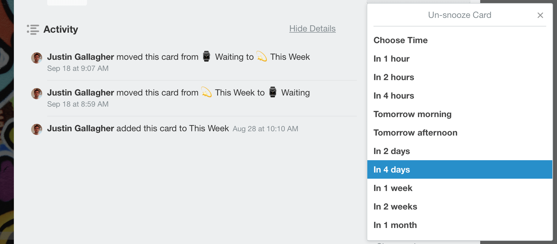 Card Snooze Power-Up Example on Trello Card