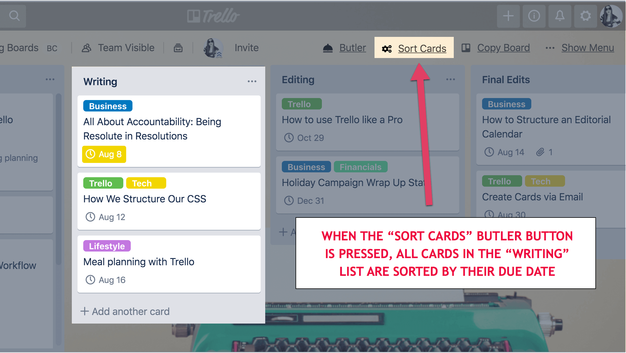 Sort cards button on Trello