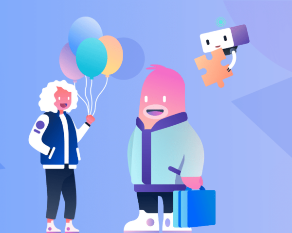 illustration of a person holding balloons and a creature holding a briefcase