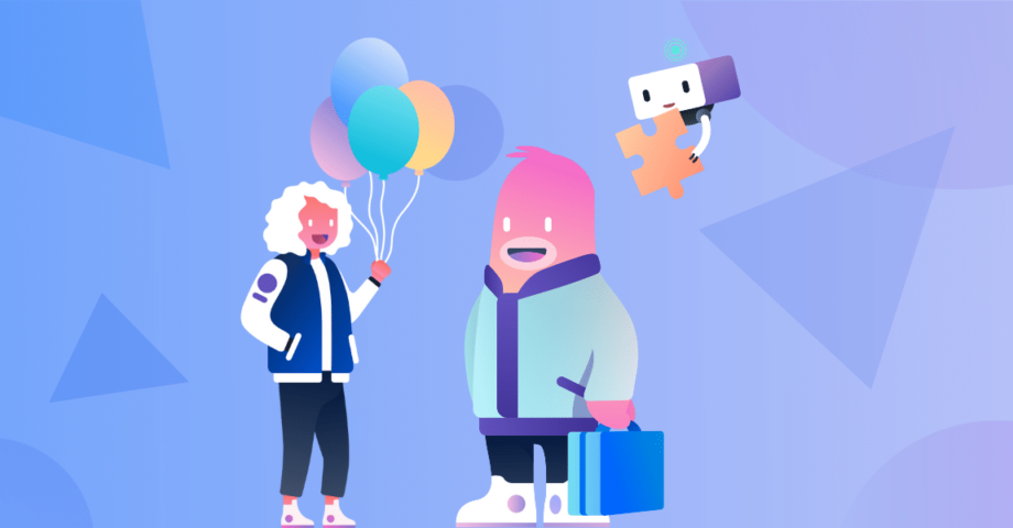 illustration of a person holding balloons and a creature holding a briefcase
