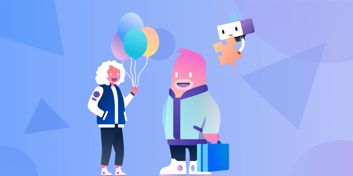 illustration of a person holding balloons and a creature holding a briefcase