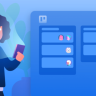 illustration of a person holding a book and a coffee in front of a Trello board